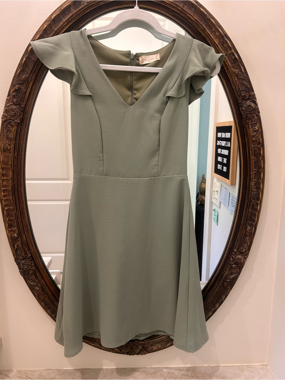 Altar’s State Women's Sage Green Flutter Sleeve V-Neck Dress